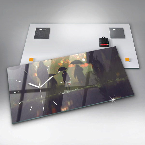 Horizontální skleněné hodiny na stěnu Lidé s deštníky