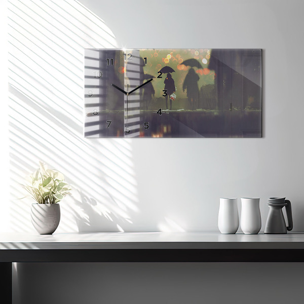 Horizontální skleněné hodiny na stěnu Lidé s deštníky