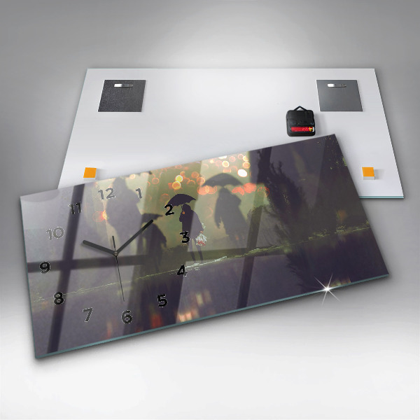 Horizontální skleněné hodiny na stěnu Lidé s deštníky