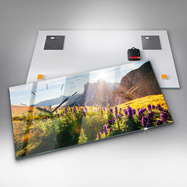 Horizontální skleněné hodiny na stěnu Levandulová louka