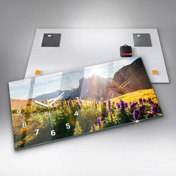 Horizontální skleněné hodiny na stěnu Levandulová louka