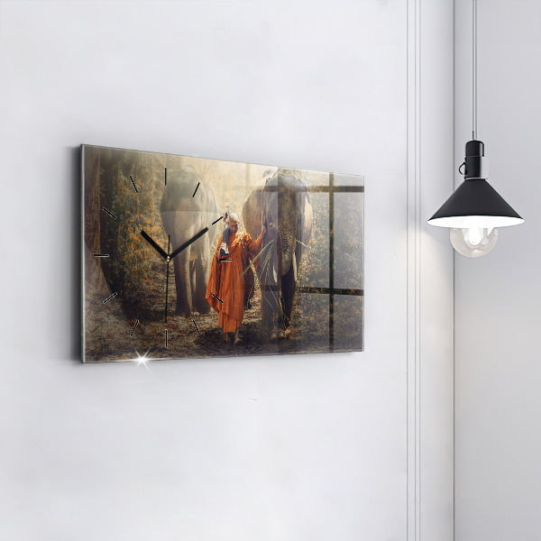 Horizontální skleněné hodiny na stěnu Mnich vedoucí slony