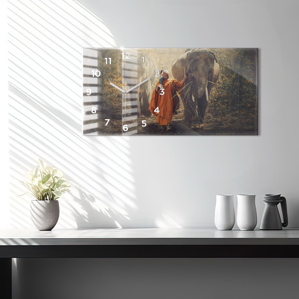 Horizontální skleněné hodiny na stěnu Mnich vedoucí slony