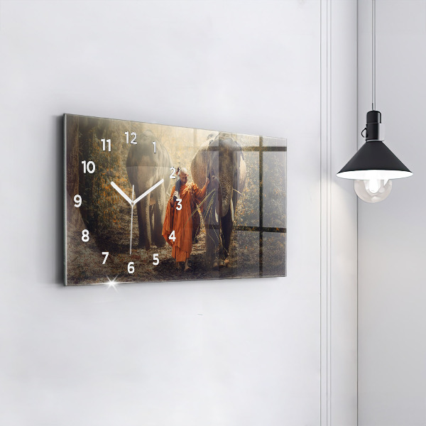 Horizontální skleněné hodiny na stěnu Mnich vedoucí slony