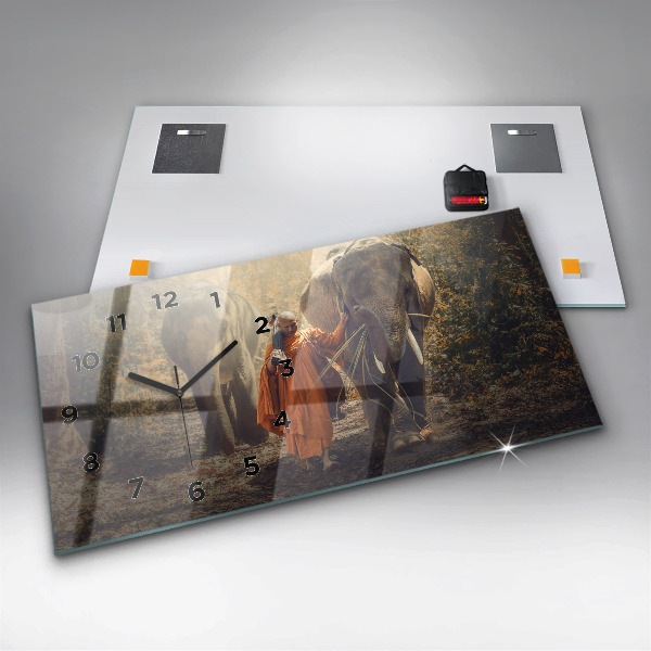 Horizontální skleněné hodiny na stěnu Mnich vedoucí slony