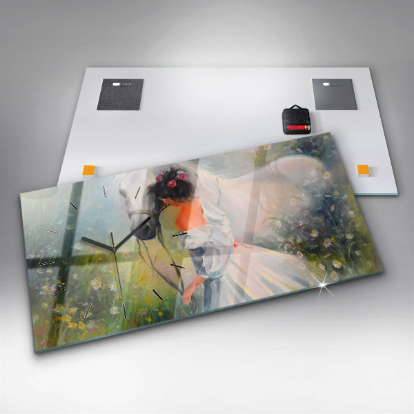 Horizontální skleněné hodiny na stěnu Krásná žena s koněm