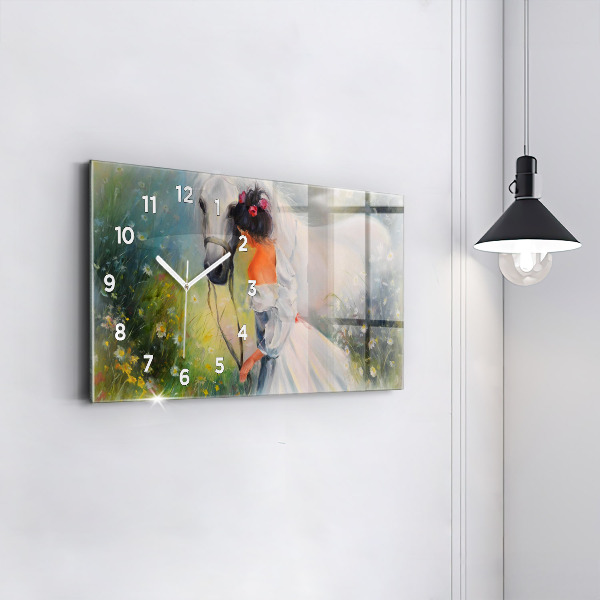 Horizontální skleněné hodiny na stěnu Krásná žena s koněm