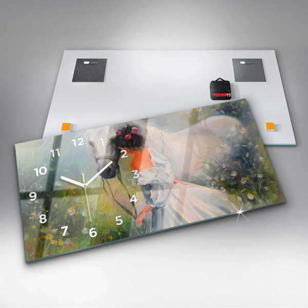 Horizontální skleněné hodiny na stěnu Krásná žena s koněm