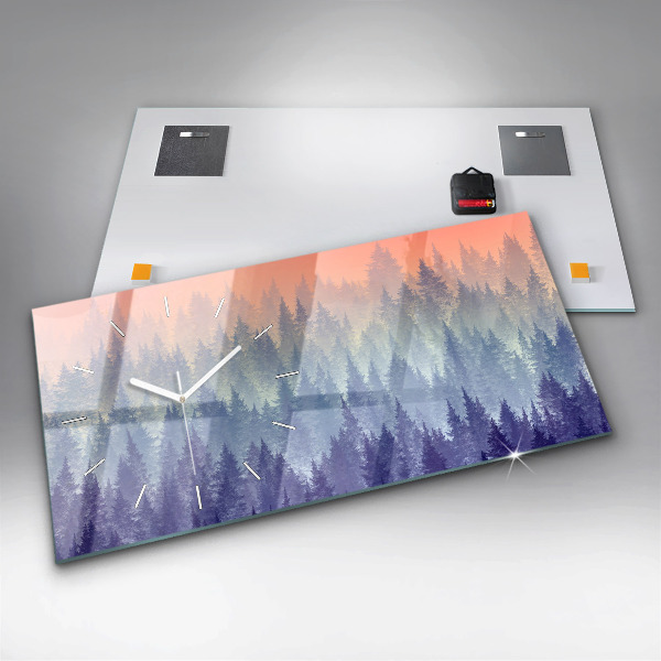 Horizontální skleněné hodiny na stěnu Les v mlze