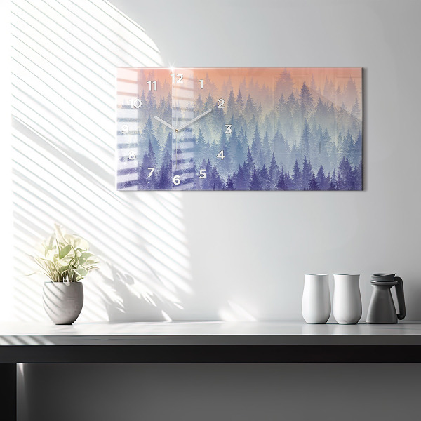 Horizontální skleněné hodiny na stěnu Les v mlze