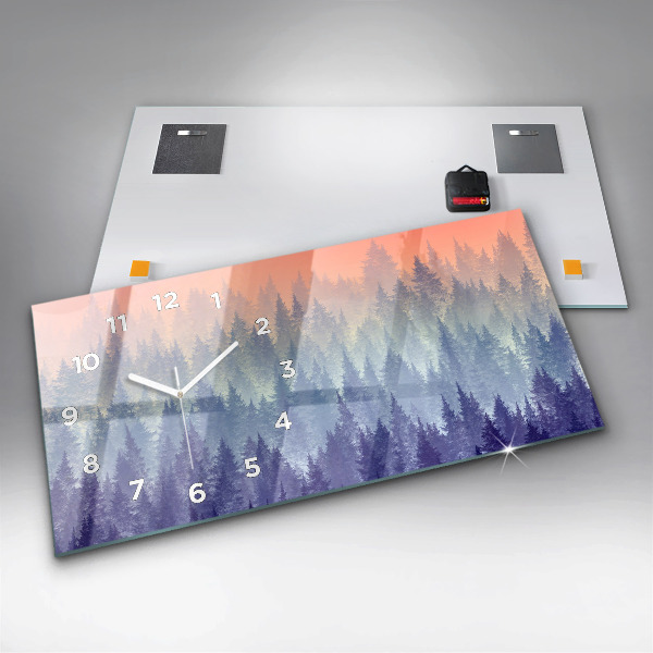 Horizontální skleněné hodiny na stěnu Les v mlze