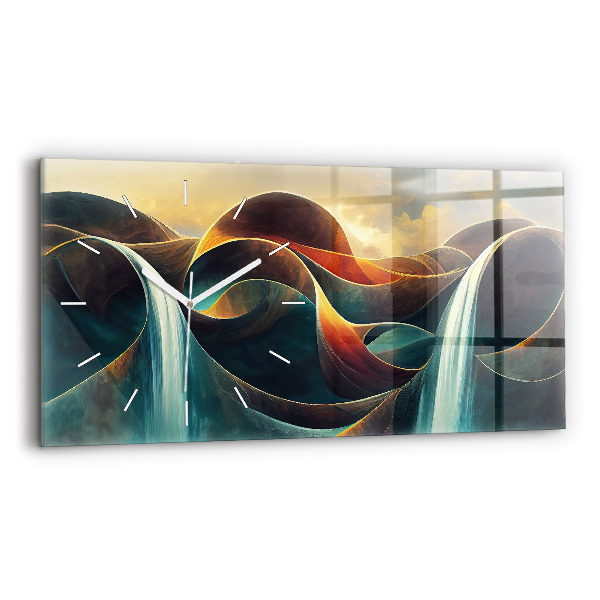 Horizontální skleněné hodiny na stěnu Pozadí tekoucího vodopádu