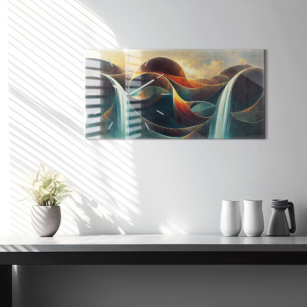 Horizontální skleněné hodiny na stěnu Pozadí tekoucího vodopádu