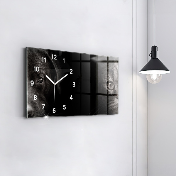 Horizontální hodiny na skle Pes a skotská kočka