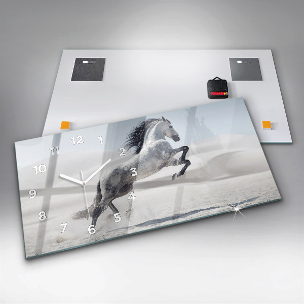 Horizontální hodiny na skle Cválající bílý kůň