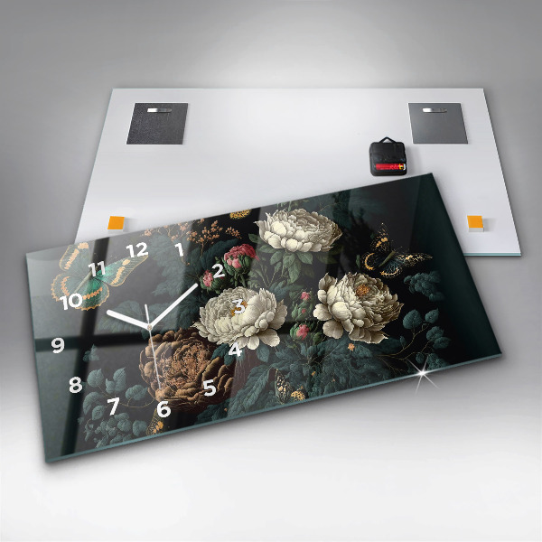 Horizontální skleněné hodiny na stěnu Květiny a zlatí motýli