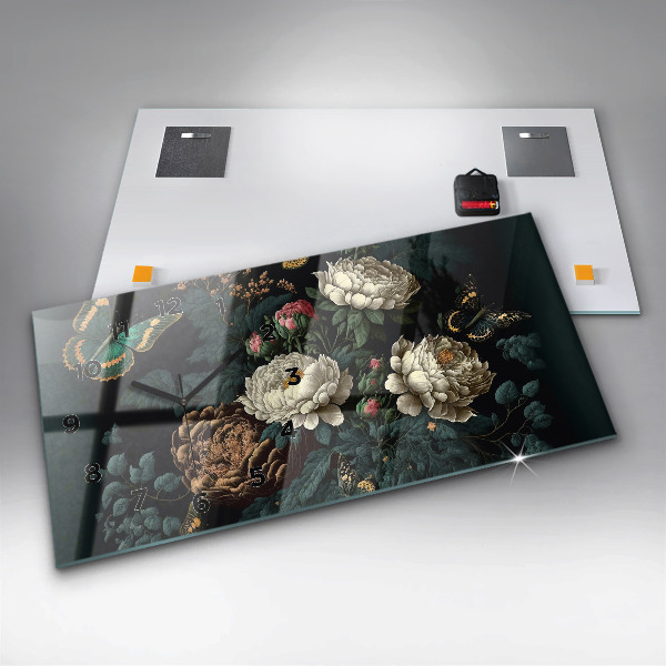 Horizontální skleněné hodiny na stěnu Květiny a zlatí motýli