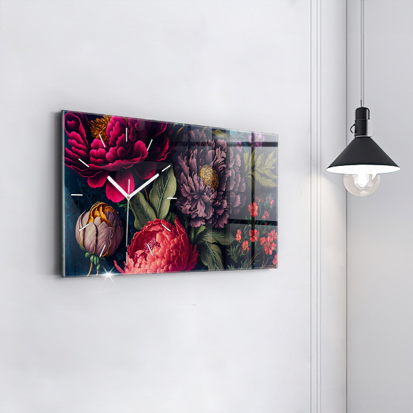 Horizontální skleněné hodiny na stěnu Vintage kytice květin
