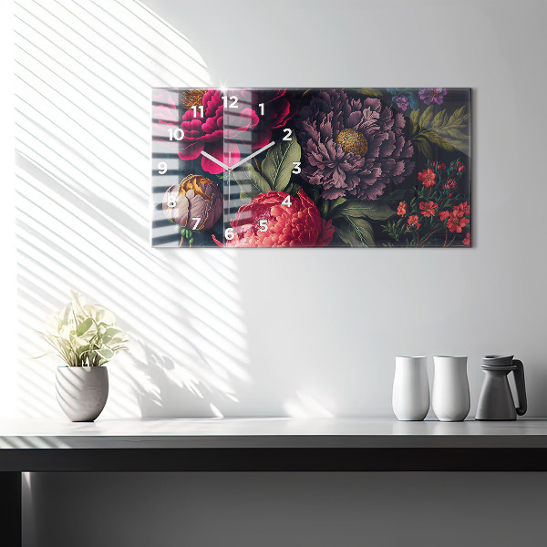 Horizontální skleněné hodiny na stěnu Vintage kytice květin