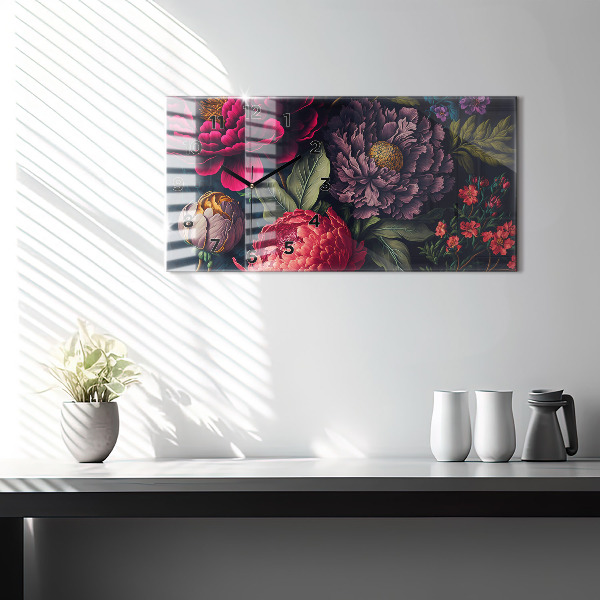 Horizontální skleněné hodiny na stěnu Vintage kytice květin