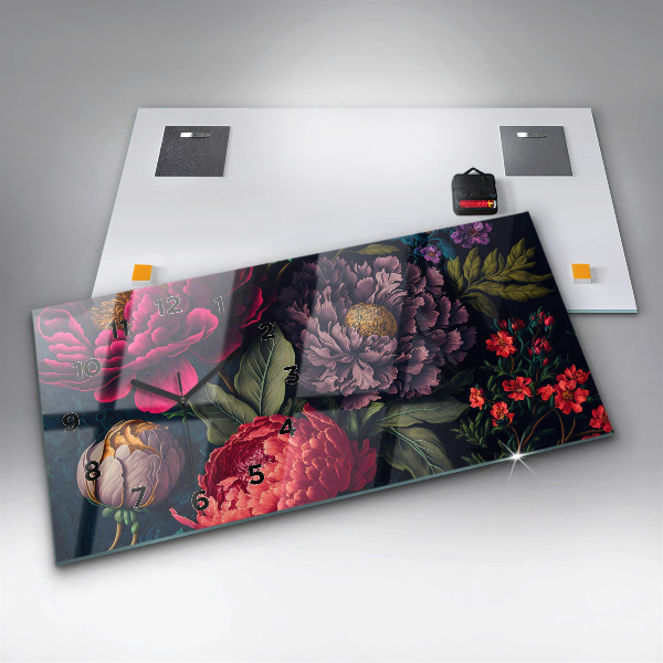 Horizontální skleněné hodiny na stěnu Vintage kytice květin