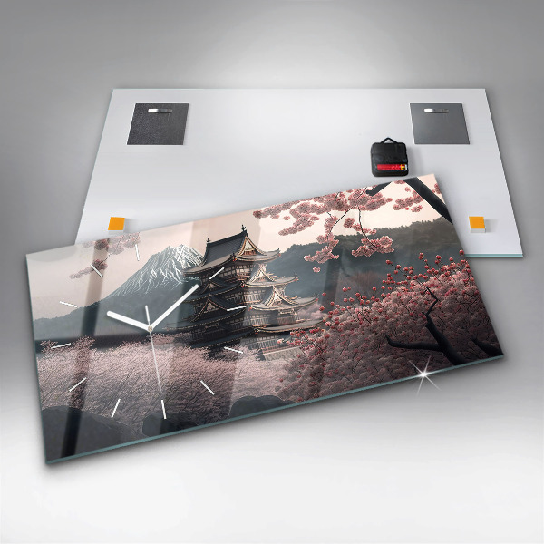 Horizontální skleněné hodiny na stěnu Asijská věž Třešňové květy