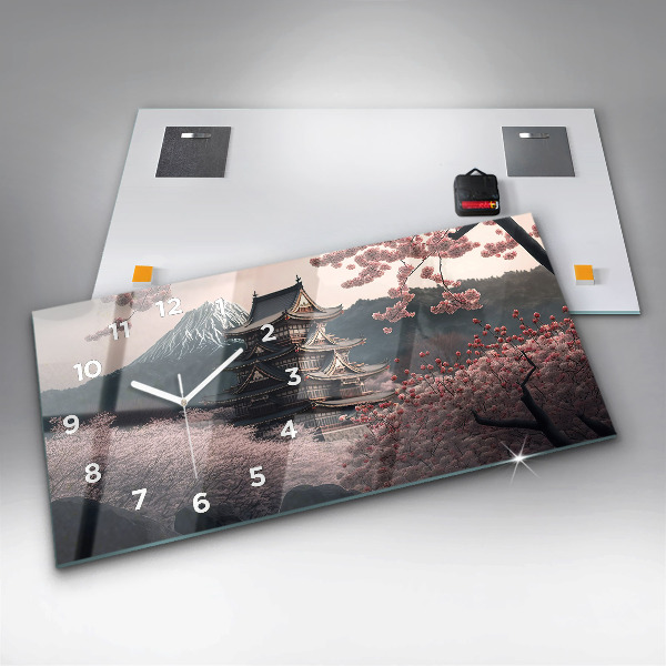 Horizontální skleněné hodiny na stěnu Asijská věž Třešňové květy