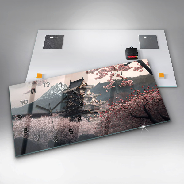 Horizontální skleněné hodiny na stěnu Asijská věž Třešňové květy