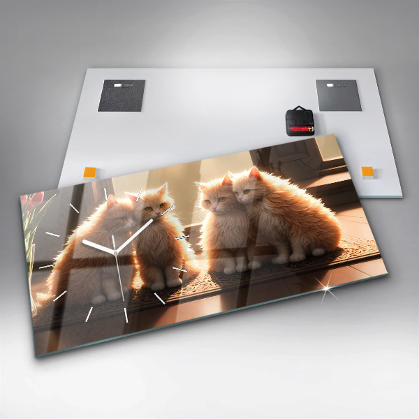 Horizontální skleněné hodiny na stěnu Čtyři kočky na slunci