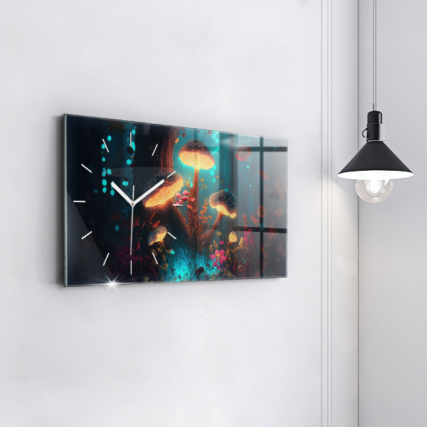 Horizontální skleněné hodiny na stěnu Les a kouzelné houby
