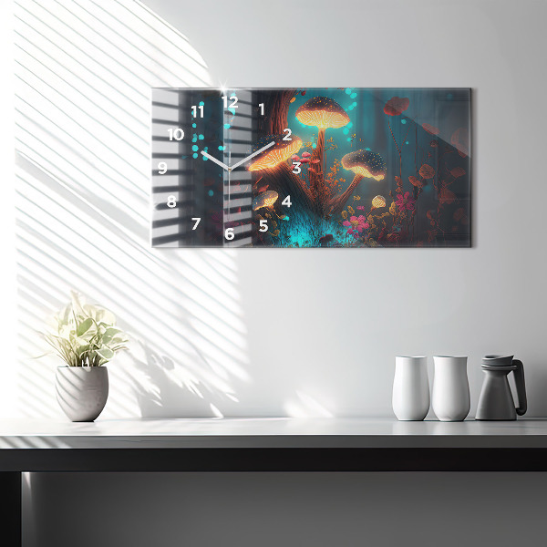 Horizontální skleněné hodiny na stěnu Les a kouzelné houby