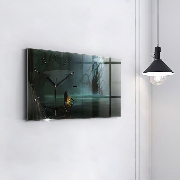 Horizontální skleněné hodiny na stěnu Člověk a příšera v bažině