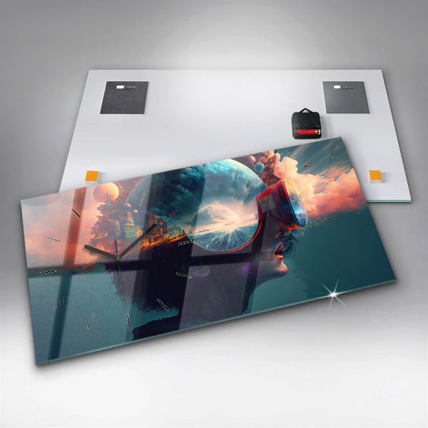 Horizontální skleněné hodiny na stěnu Futuristický virtuální svět