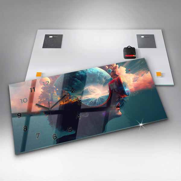 Horizontální skleněné hodiny na stěnu Futuristický virtuální svět