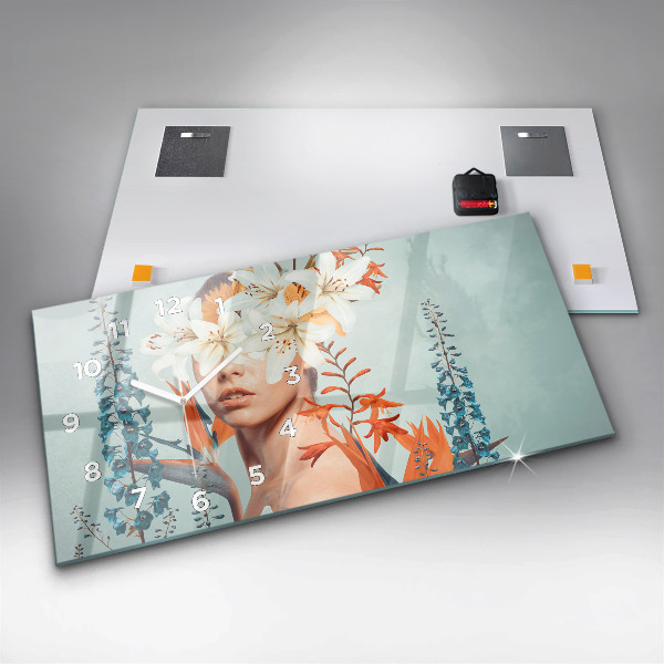 Horizontální skleněné hodiny na stěnu Žena s květinami