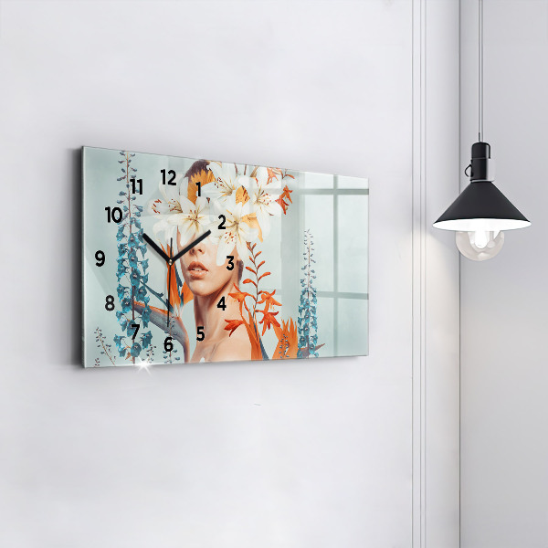 Horizontální skleněné hodiny na stěnu Žena s květinami
