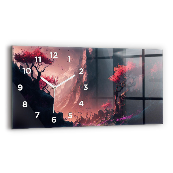 Horizontální skleněné hodiny na stěnu Kouzelný les a pohoří