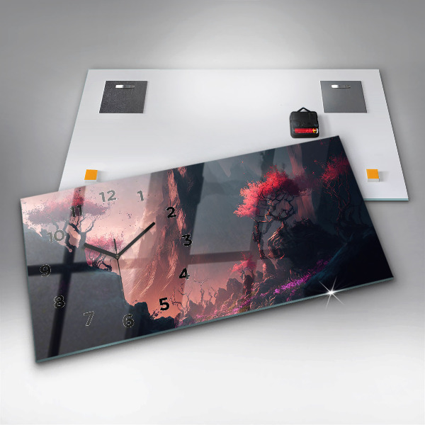 Horizontální skleněné hodiny na stěnu Kouzelný les a pohoří