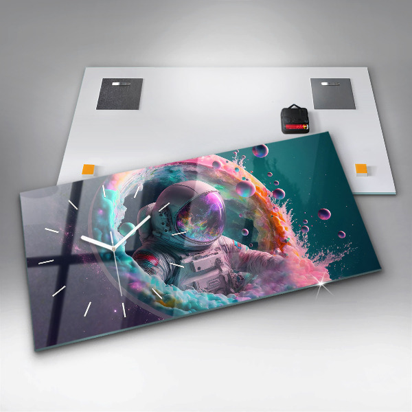 Horizontální skleněné hodiny na stěnu Kosmonautské barevné mraky