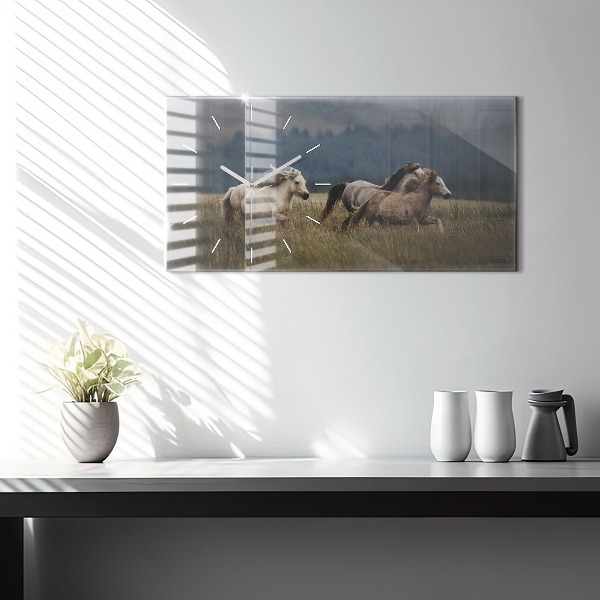 Horizontální skleněné hodiny na stěnu Koně ve cvalu