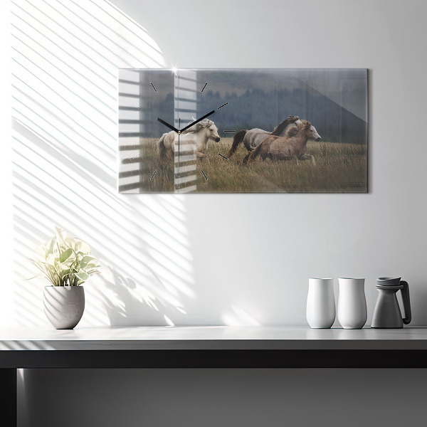 Horizontální skleněné hodiny na stěnu Koně ve cvalu