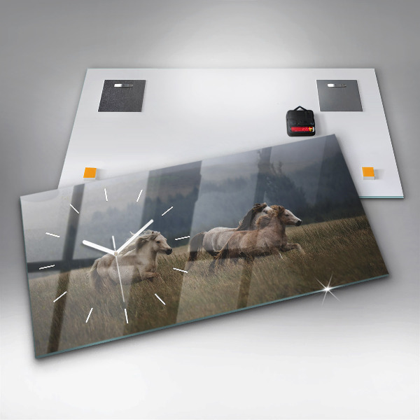 Horizontální skleněné hodiny na stěnu Koně ve cvalu