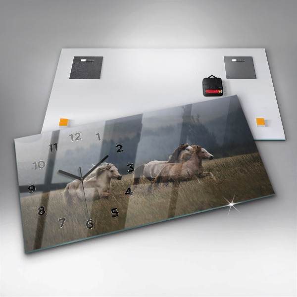 Horizontální skleněné hodiny na stěnu Koně ve cvalu