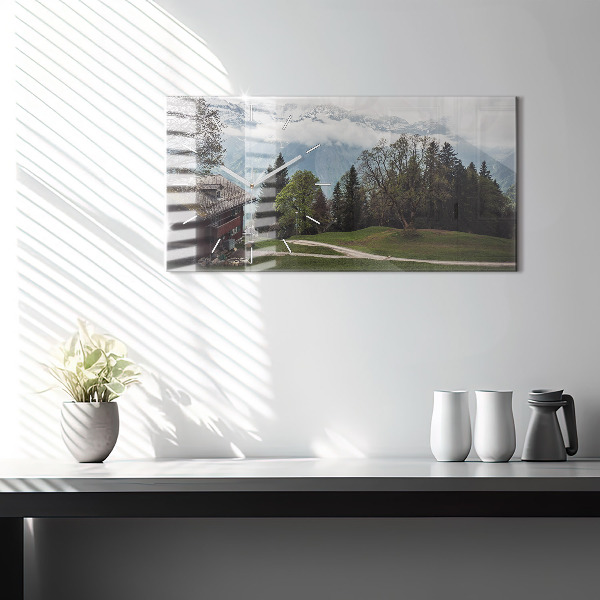 Horizontální skleněné hodiny na stěnu Pohled na hory