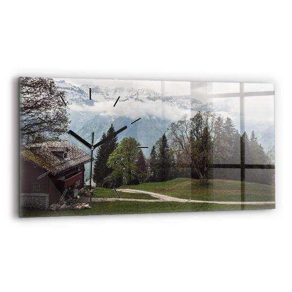 Horizontální skleněné hodiny na stěnu Pohled na hory