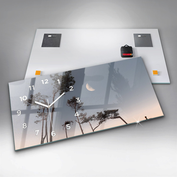 Horizontální skleněné hodiny na stěnu Půlměsíc a stromy