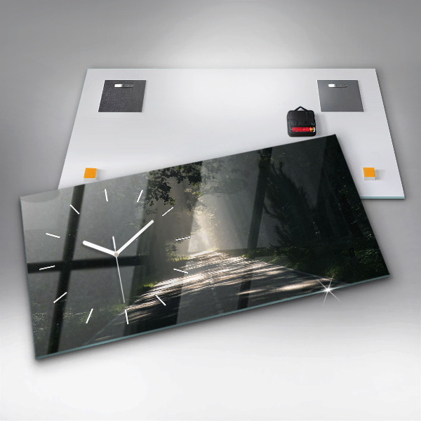 Horizontální skleněné hodiny na stěnu Lesní cesta a pruhy slunce