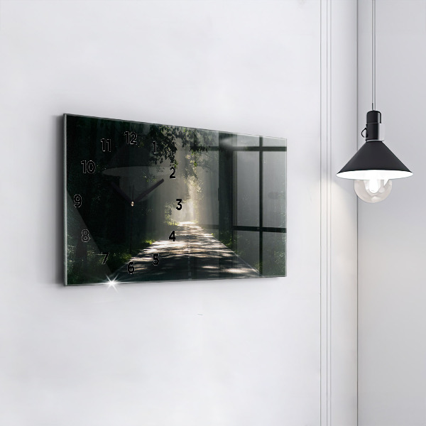 Horizontální skleněné hodiny na stěnu Lesní cesta a pruhy slunce