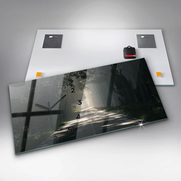 Horizontální skleněné hodiny na stěnu Lesní cesta a pruhy slunce