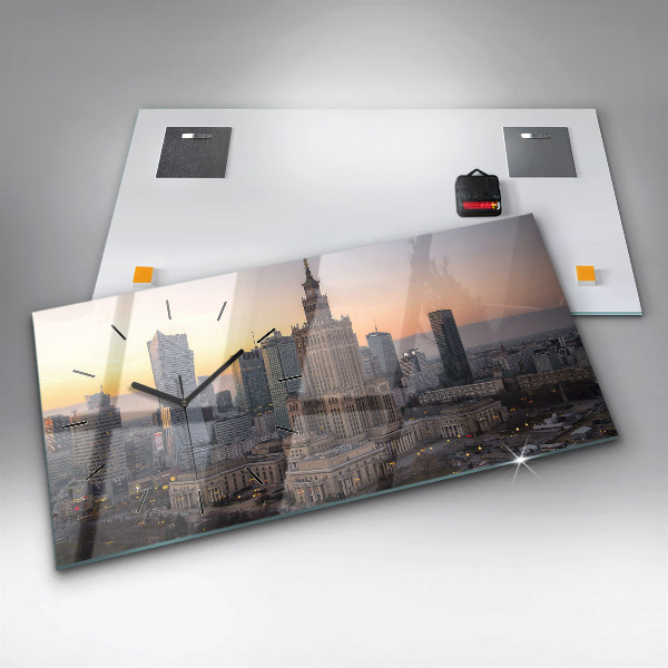 Horizontální skleněné hodiny na stěnu Panorama Varšavy